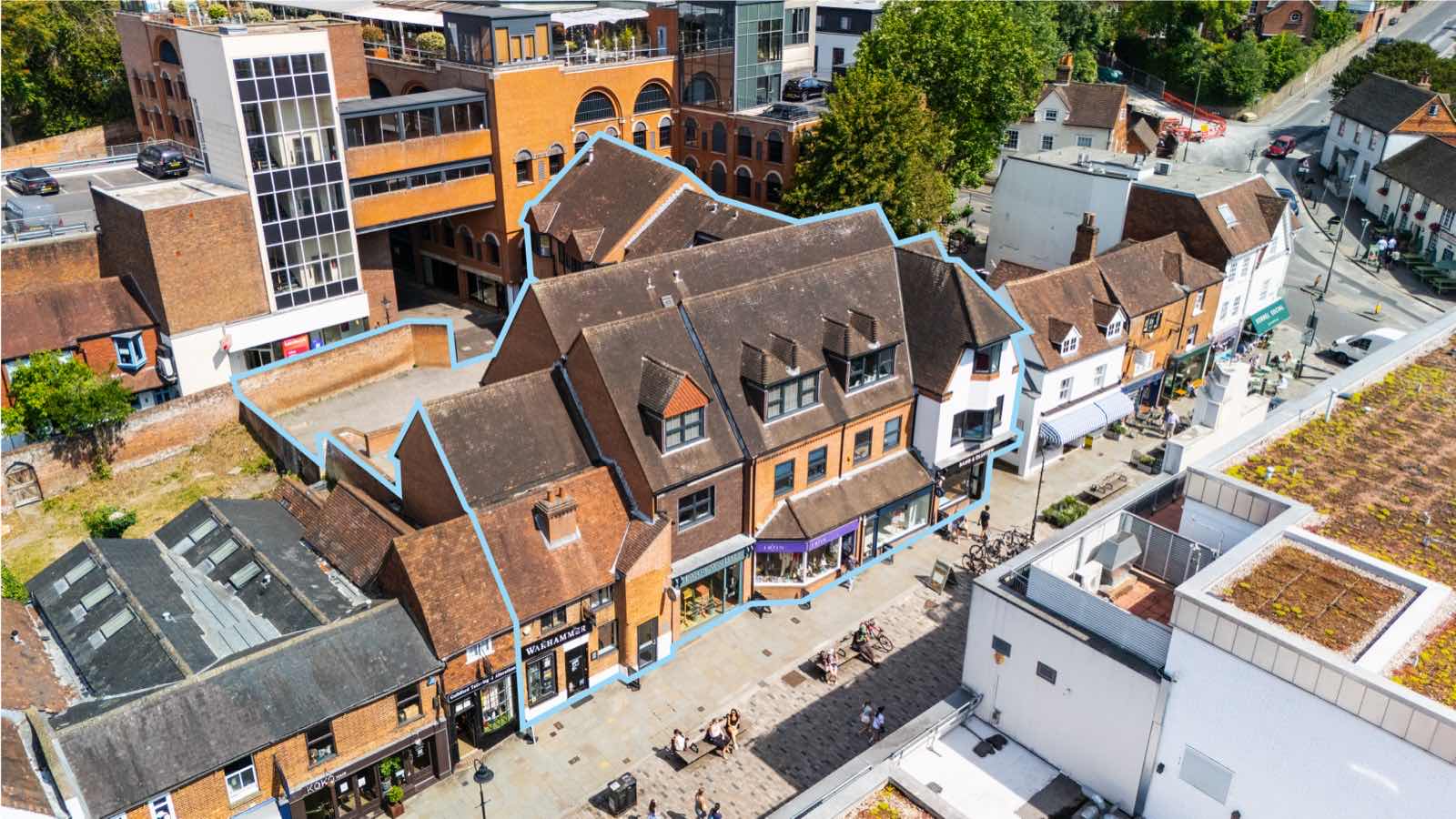 Aerial view of Milkhouse Gate and the surrounding Guildford town centre rooftops