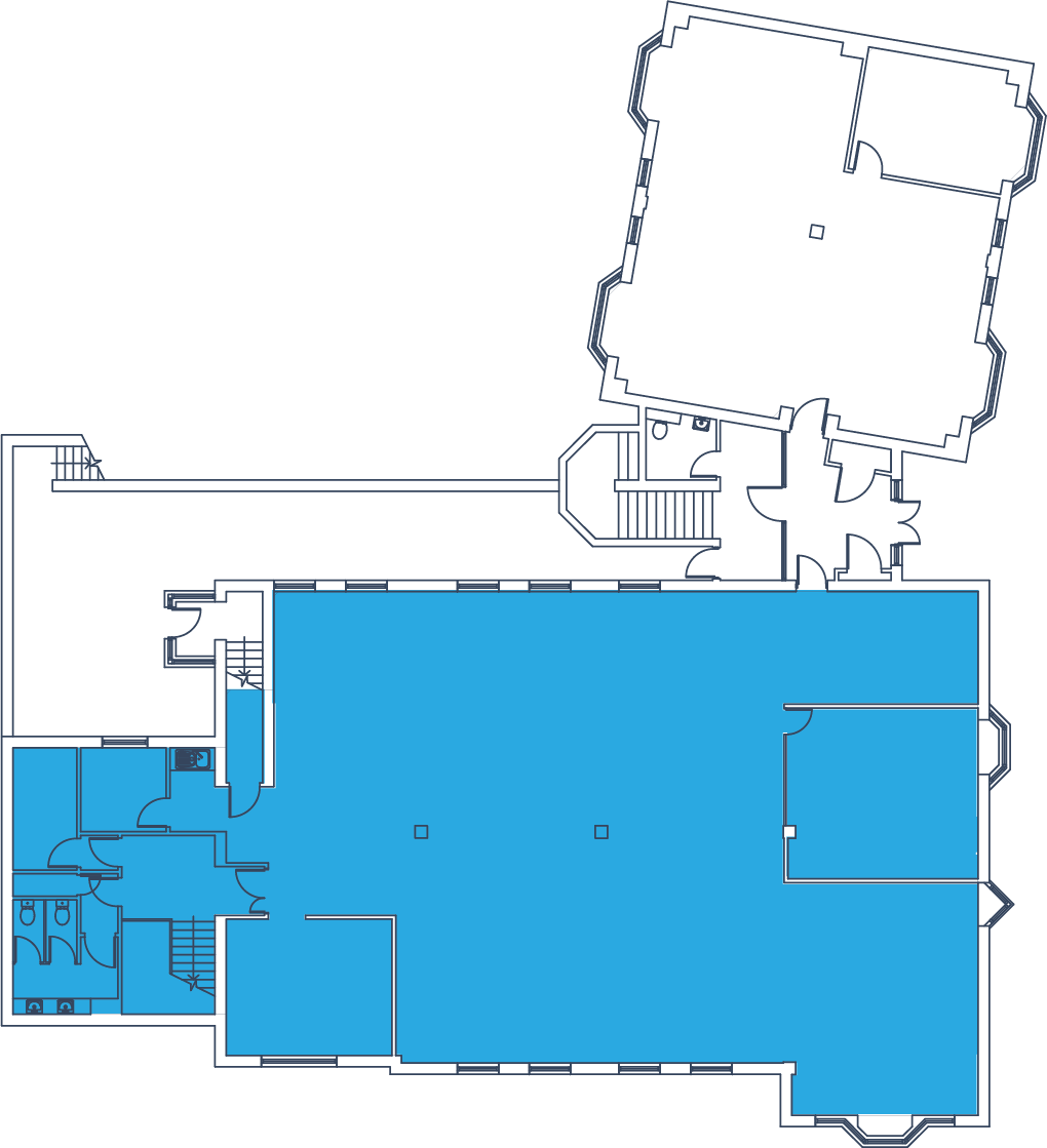 Floor plan of Suite 1, showing the open plan office area, meeting room, kitchen and WCs